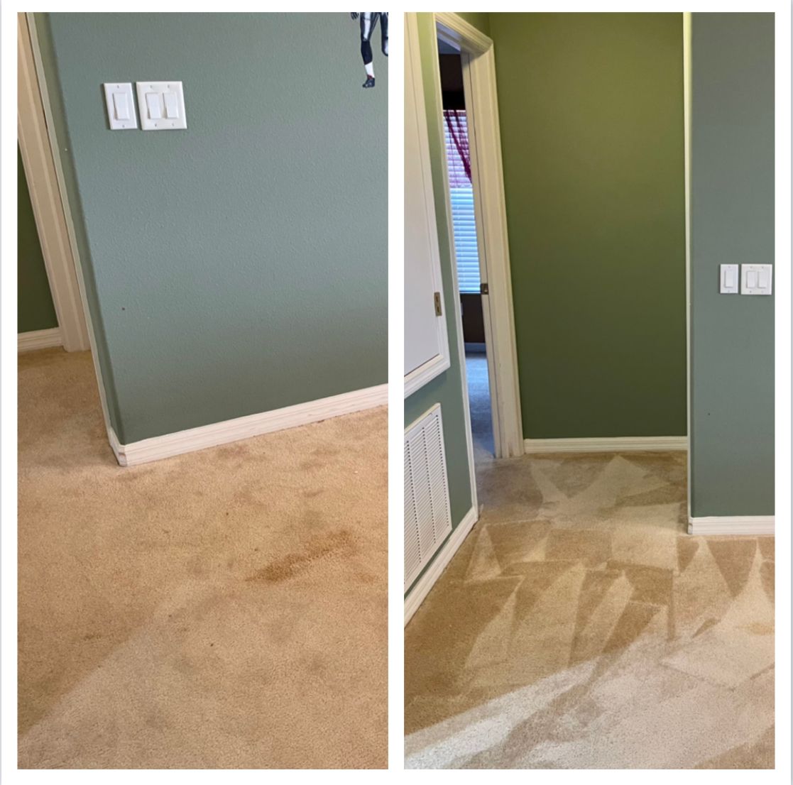 Before-and-after of a hallway carpet cleaning; stained carpet is clean and refreshed with green walls.