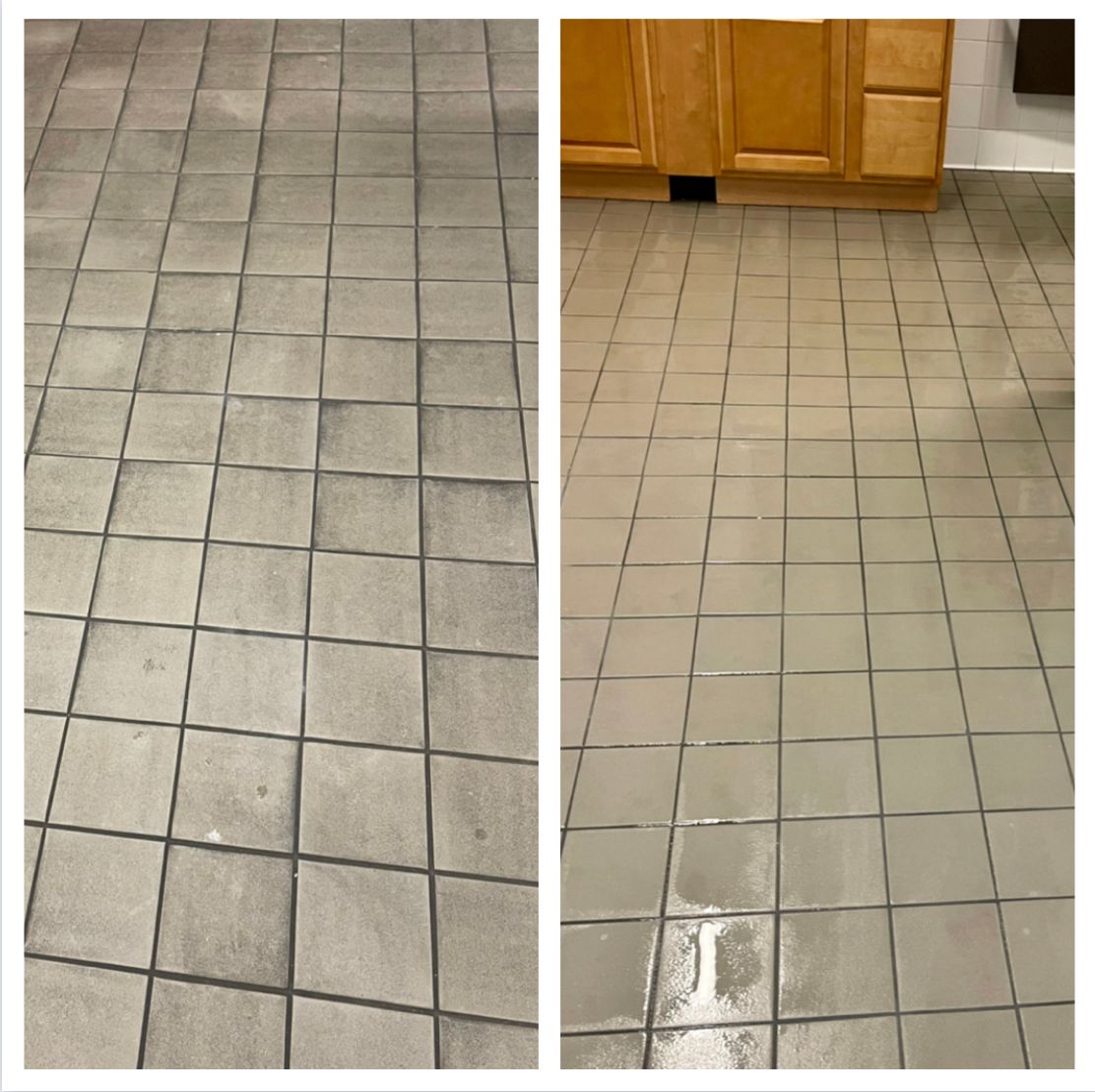 Before and after comparison of a tile floor; left is dirty, right is cleaned with lighter tiles and grout.