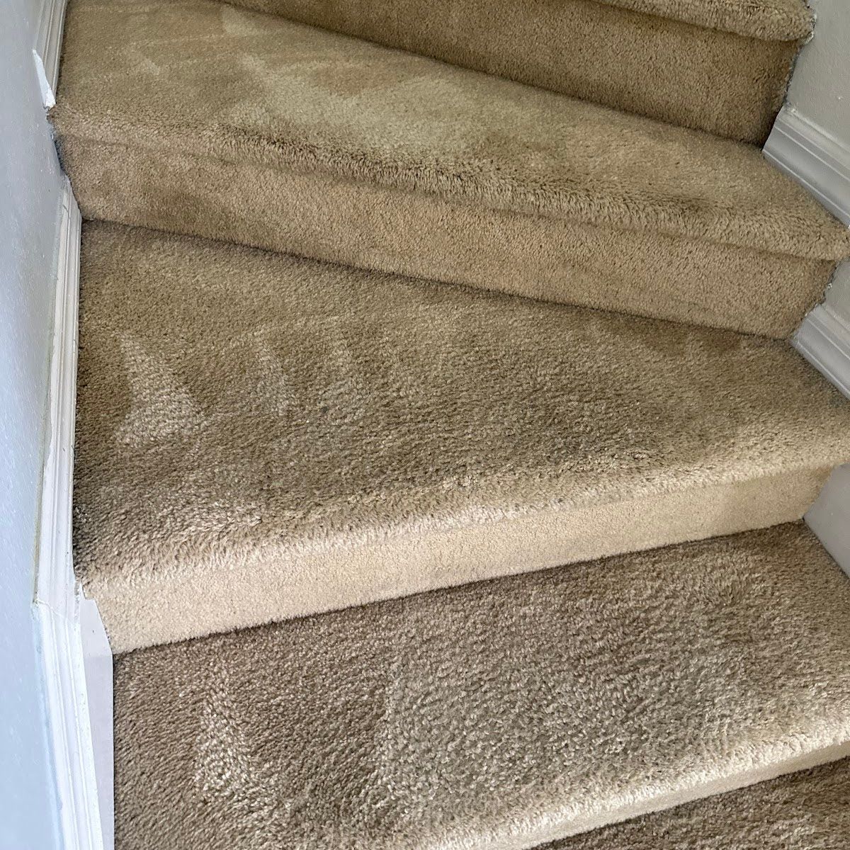 Beige carpeted staircase with white trim.