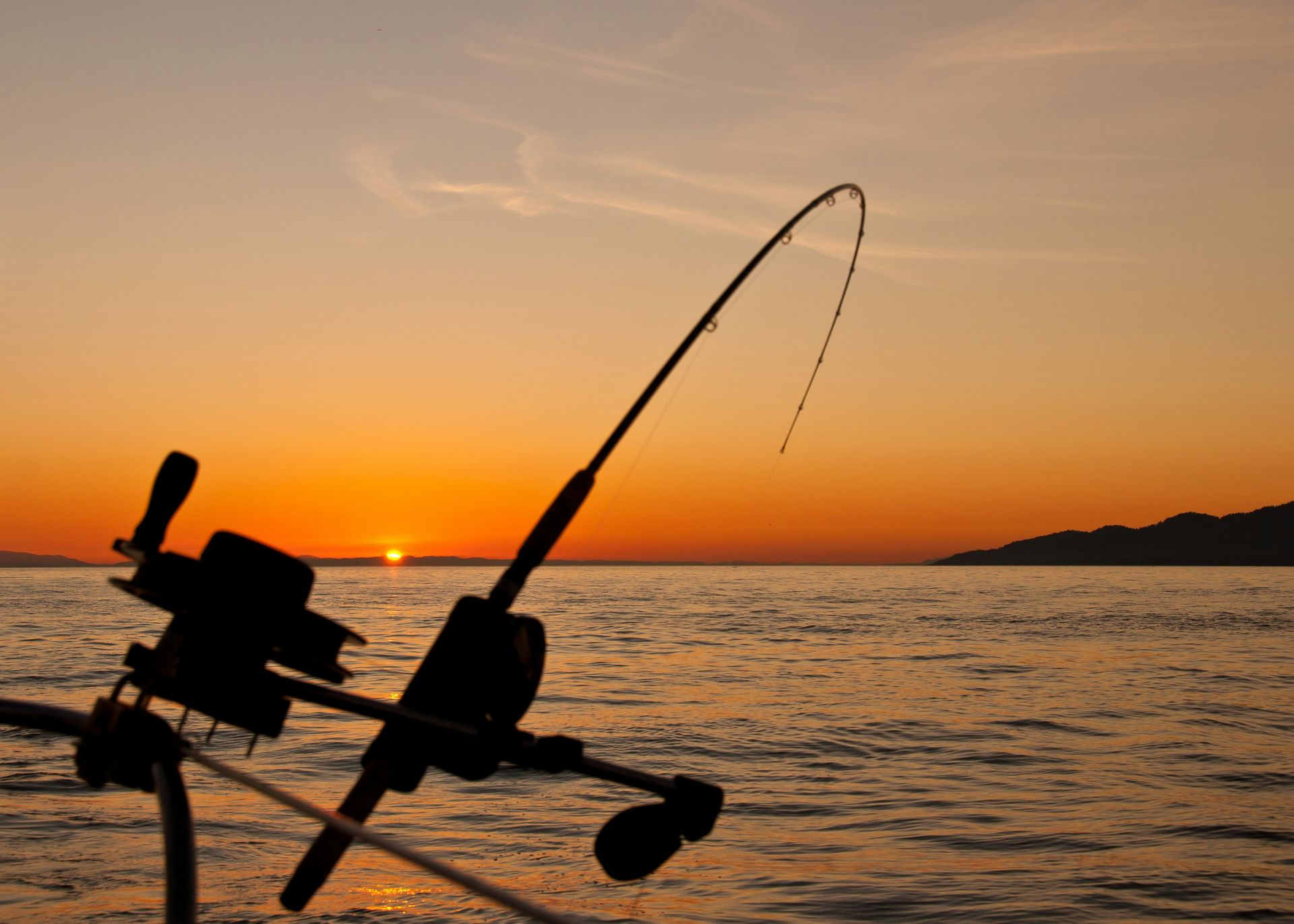 A fishing rod is sitting in the water at sunset.