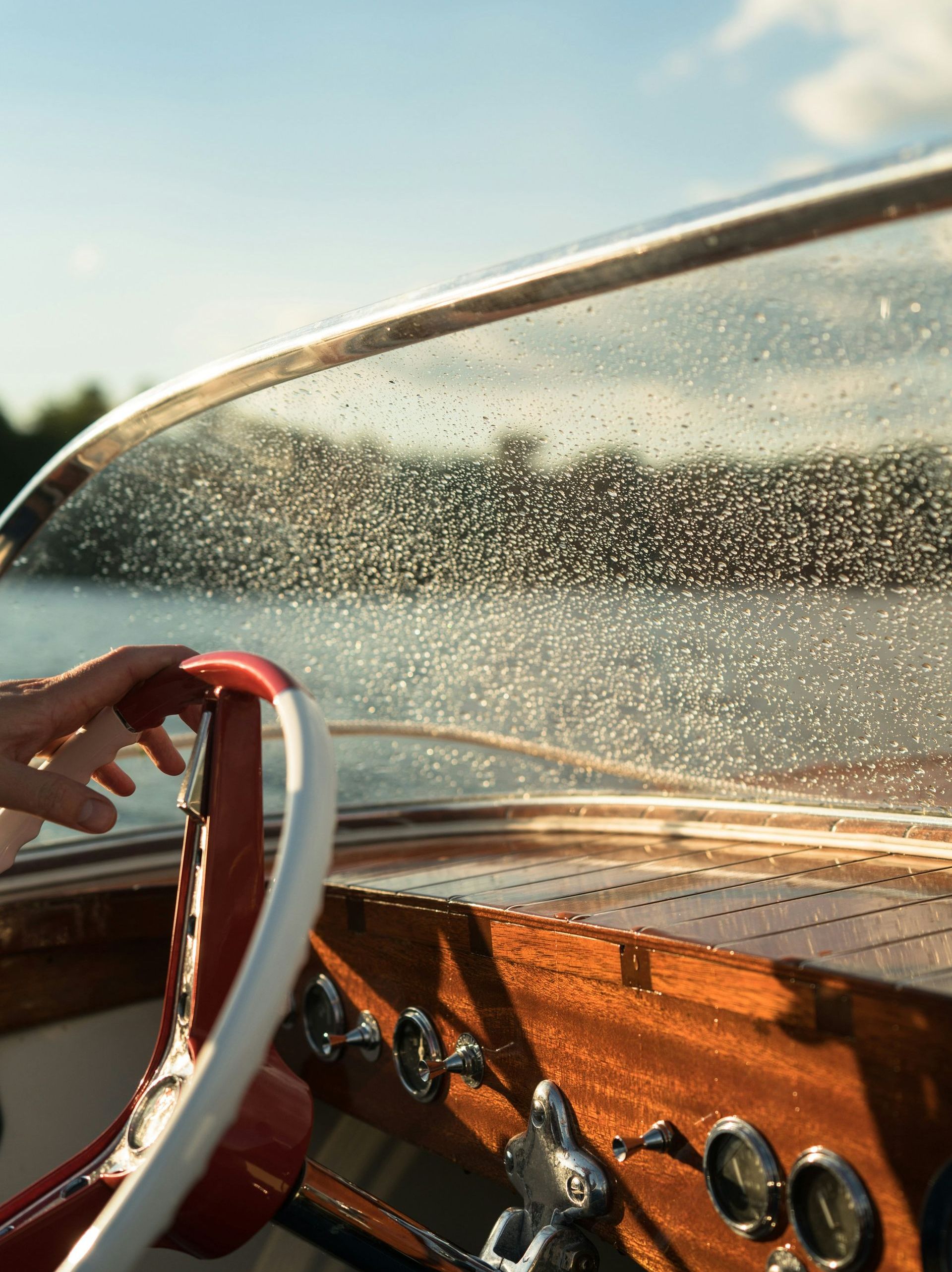 A person is holding the steering wheel of a boat.