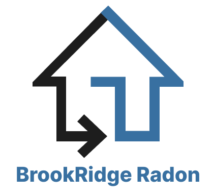 A logo for Brookridge Radon with a house and an arrow