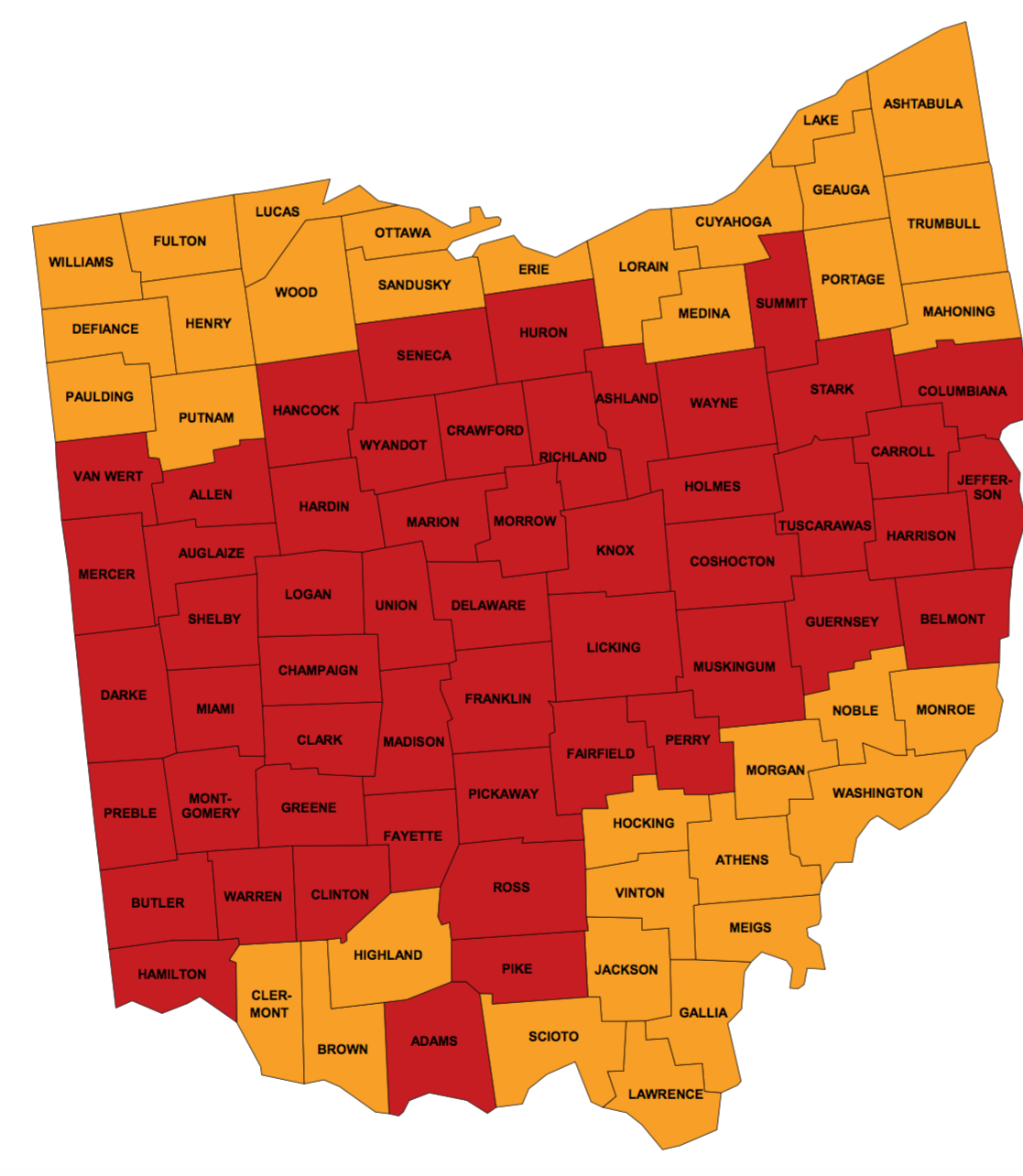 A map of ohio with red and yellow areas