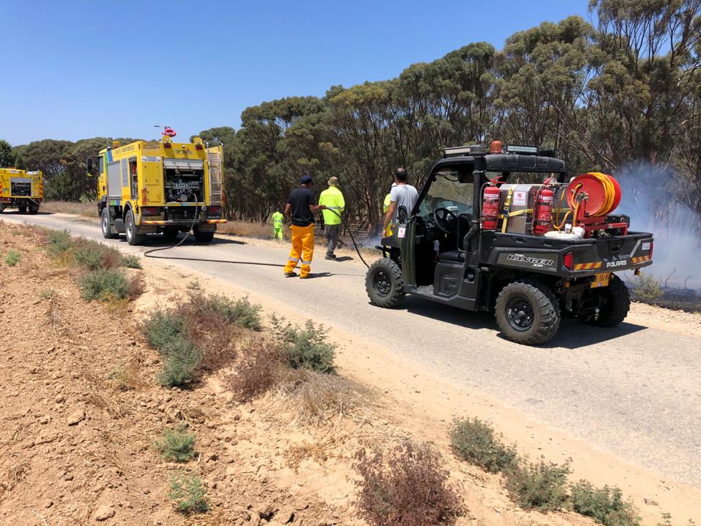 A group of firefighters are standing on the side of a dirt road.