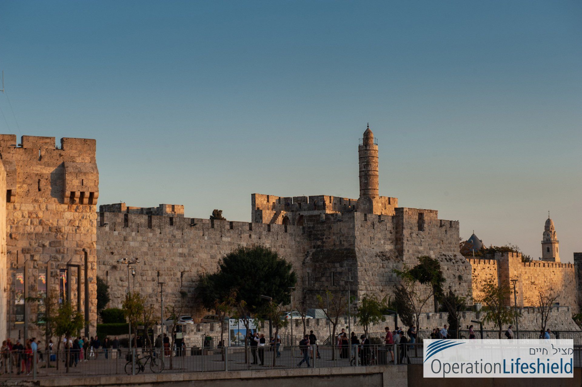 A group of people are walking in front of a castle.