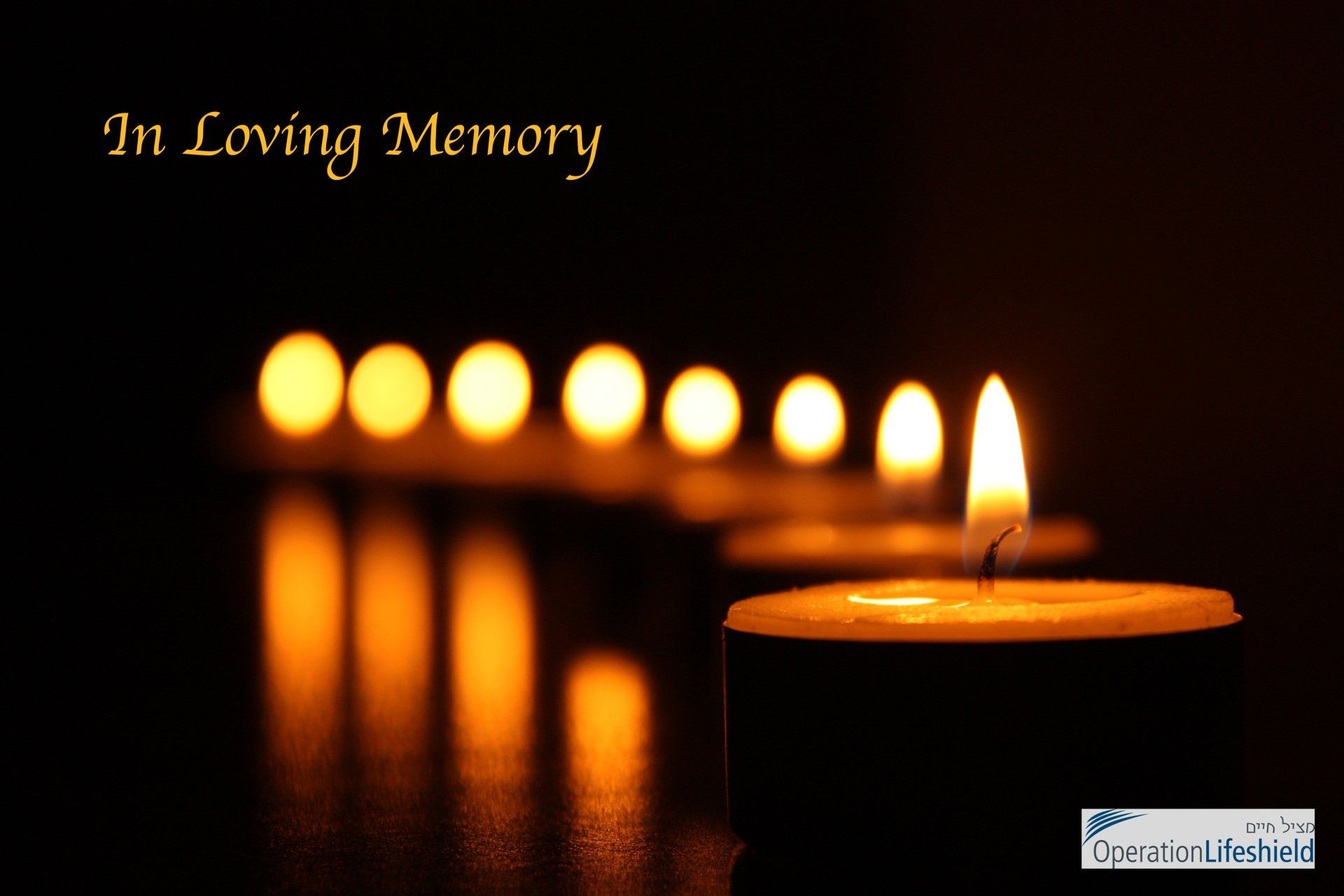 A row of lit candles with the words in loving memory above them