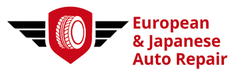 Logo for European & Japanese Auto Repair. Red shield with tire, black wings, and red text.