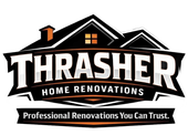 Thrasher Home Renovations logo with black roof graphic, orange chimney, and tagline “Professional Renovations You Can Trust.”
