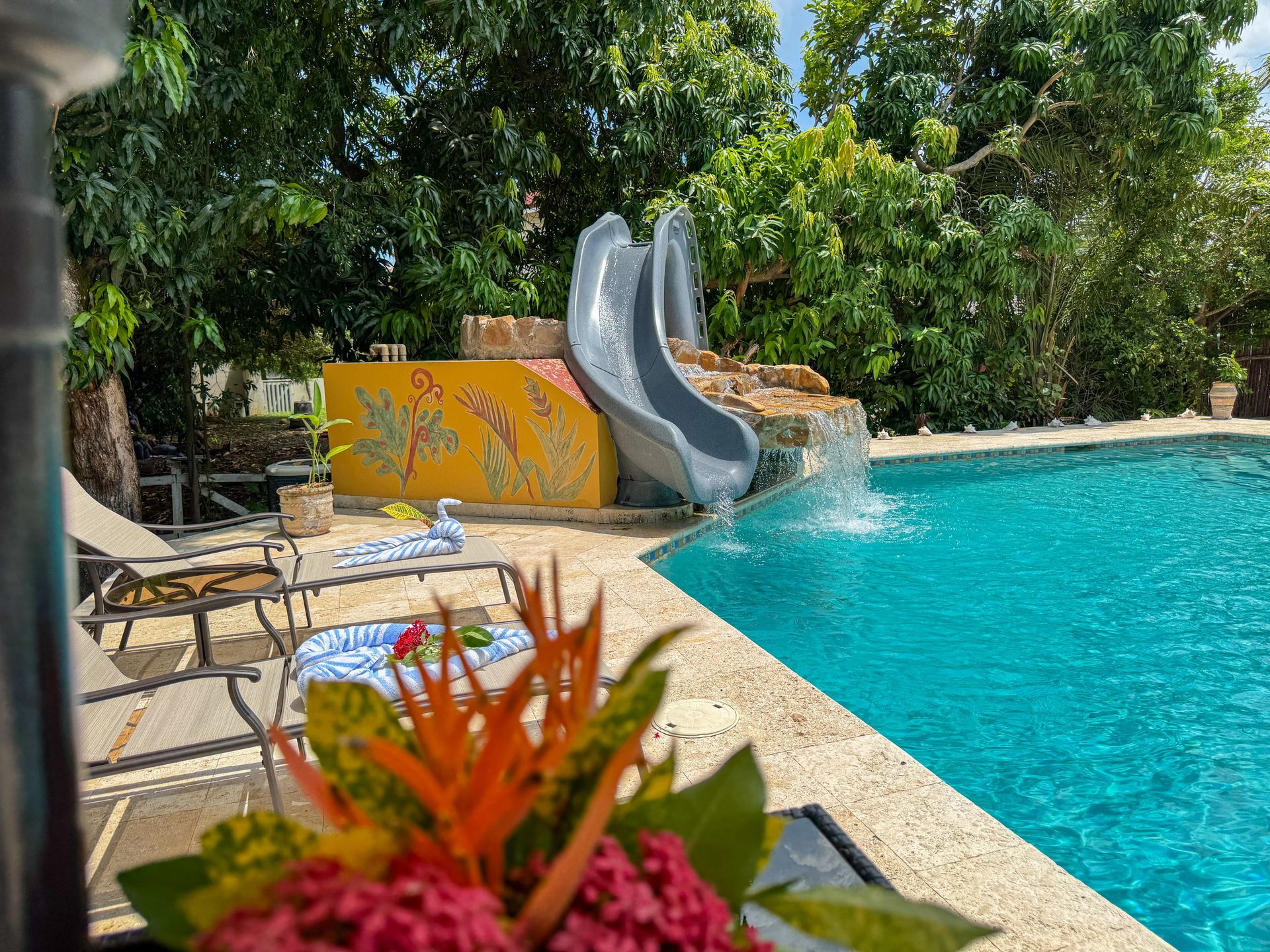 A swimming pool with a slide and flowers in the foreground