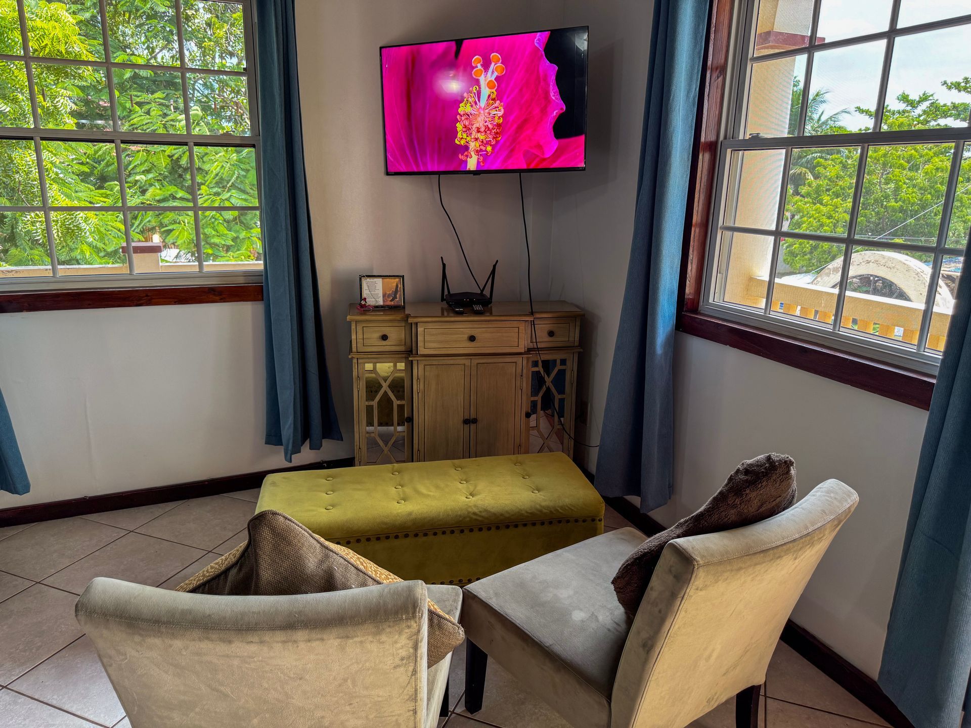 A living room with two chairs and a flat screen tv at studio apartment in Hopkins Village