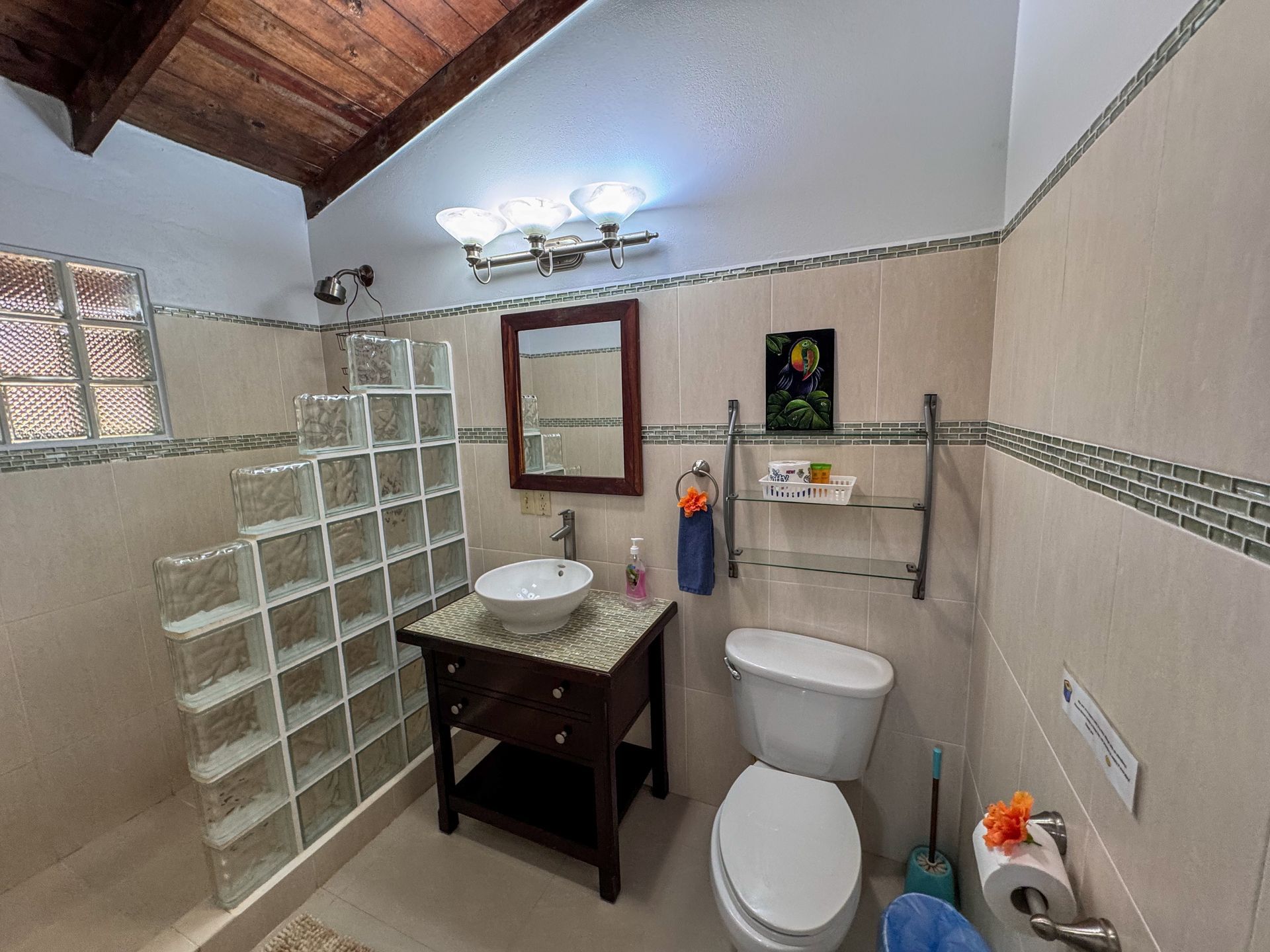 Guestroom bathroom with modern fixtures and tropical style at Caribbean Shores Bed & Breakfast Hopkins Belize