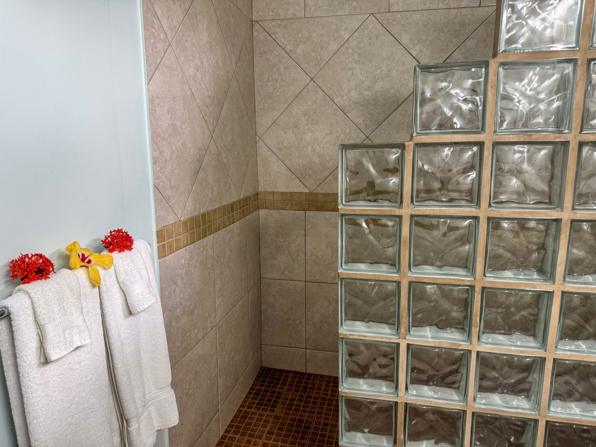 A bathroom with a walk in shower and a glass block wall