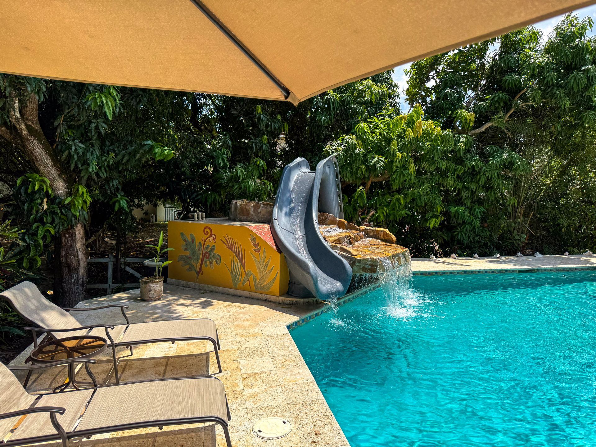 A swimming pool with a slide and a waterfall