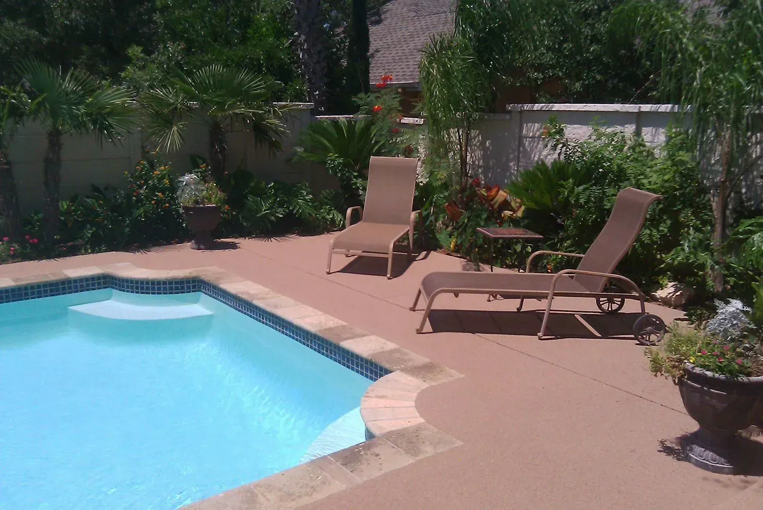A swimming pool surrounded by chairs and plants