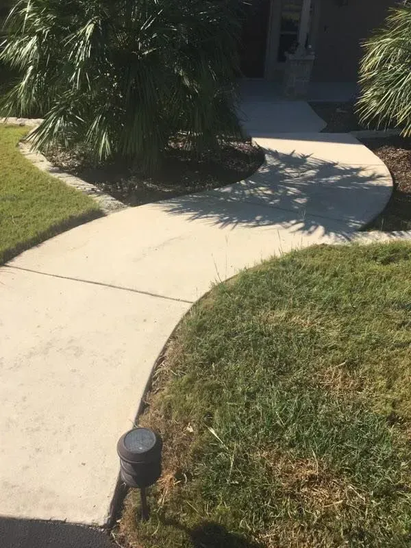 A concrete walkway leading to a house surrounded by grass and trees.
