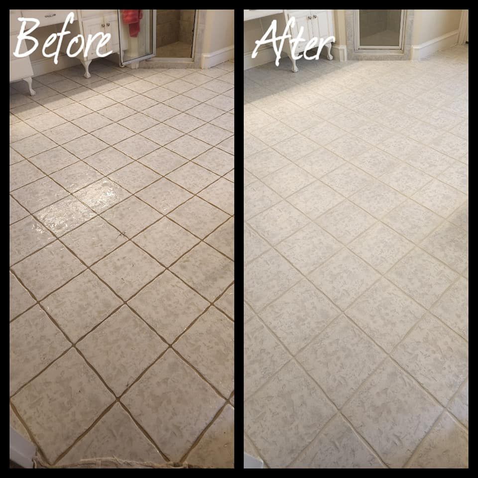 A before and after photo of a tile floor