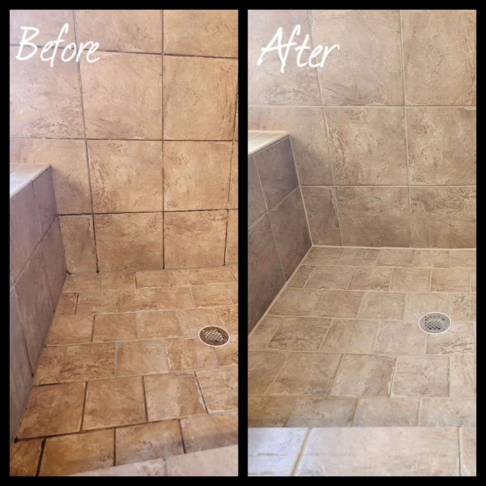 A before and after photo of a tiled shower