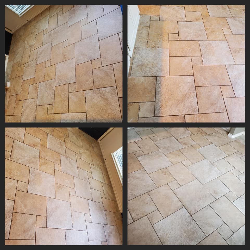A collage of four pictures of a tiled floor