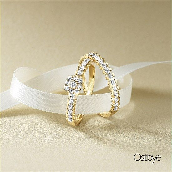Gold ring with diamonds, resting on a white ribbon, on a light gold background.