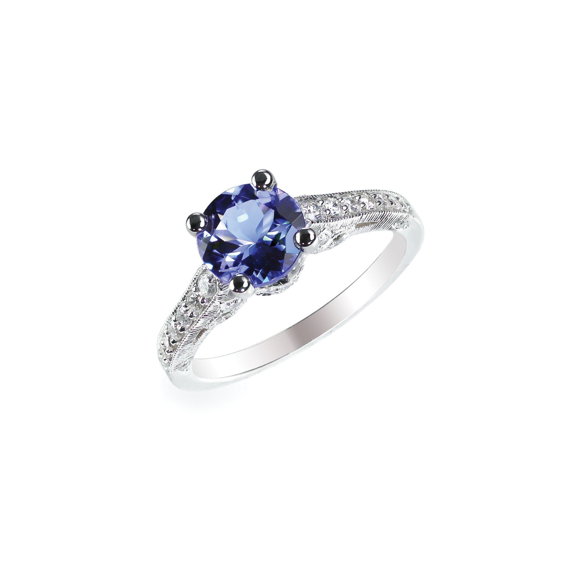 Silver ring with a large, blue gemstone center and smaller stones on the band.