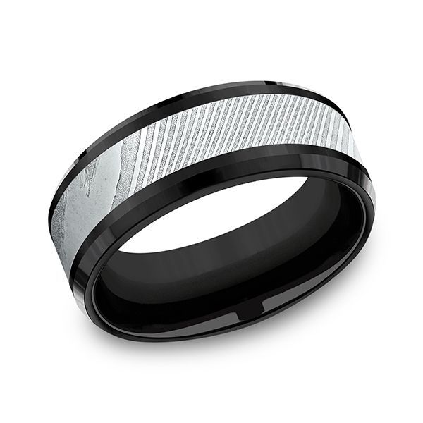 Black and silver ring with diagonal textured center band.