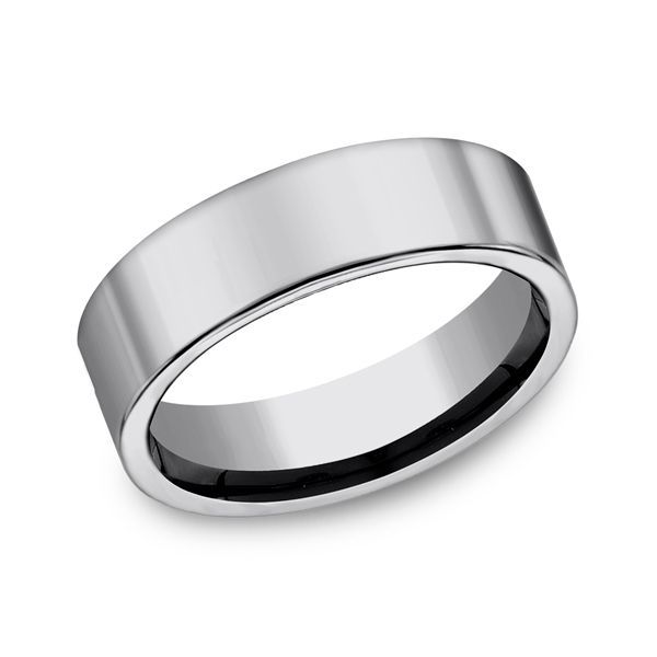 Silver flat band ring, polished surface, simple design.