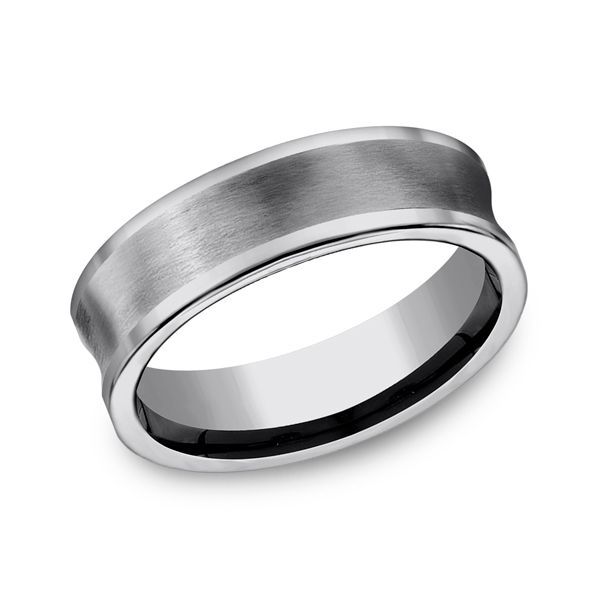 Silver wedding band with a brushed center and polished edges.