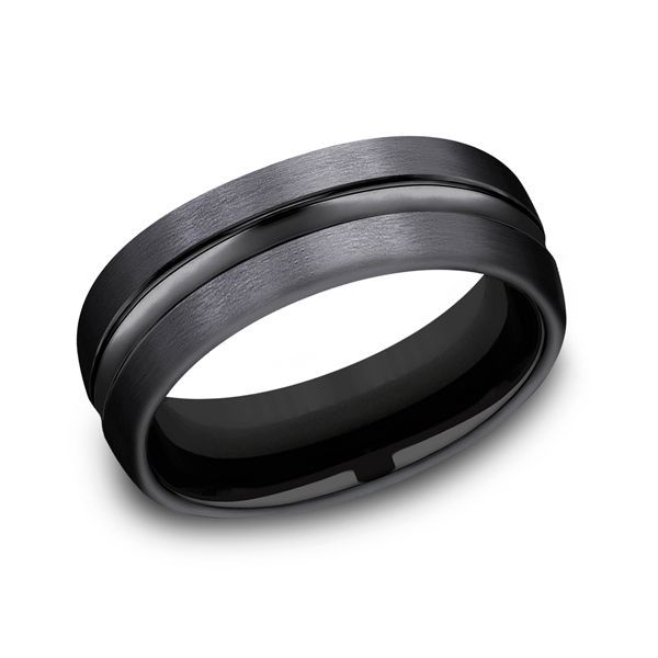 Black wedding band with a matte finish and a shiny, central groove.