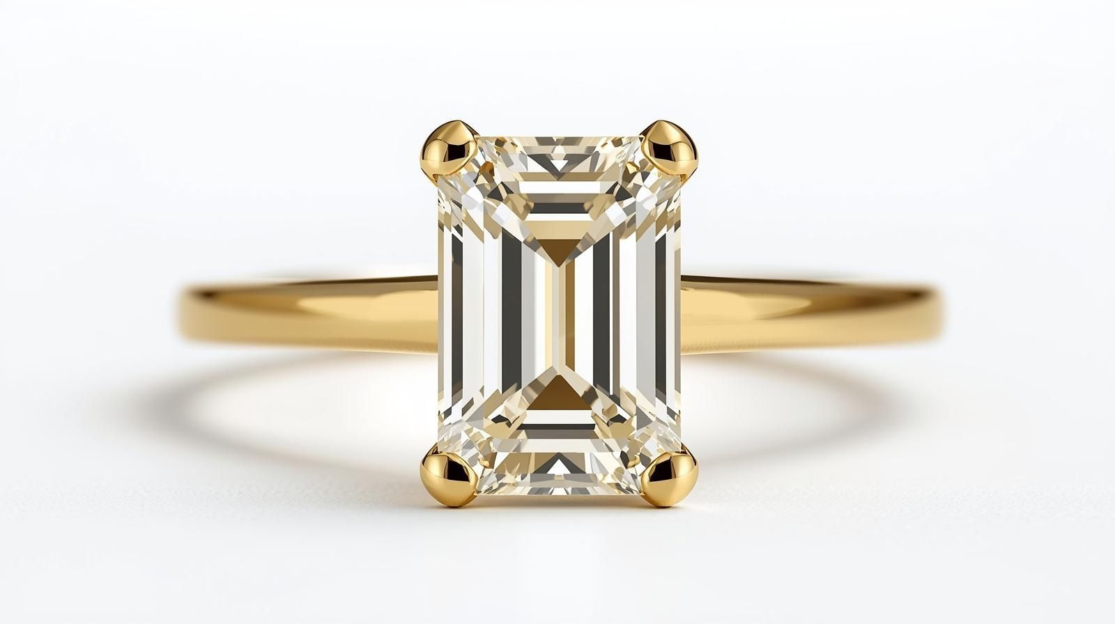 Yellow gold engagement ring with emerald-cut diamond.