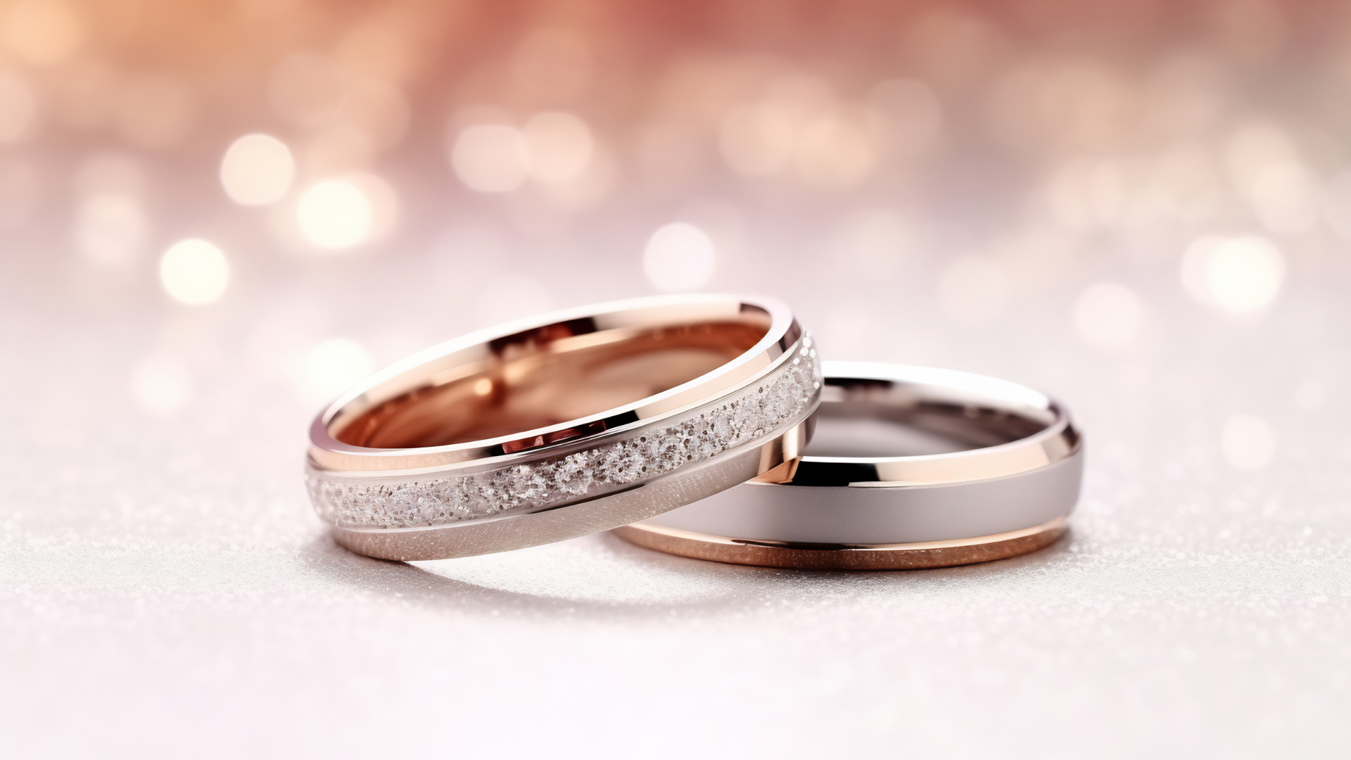 Two wedding rings, one with diamonds, on a sparkly, soft pink background.