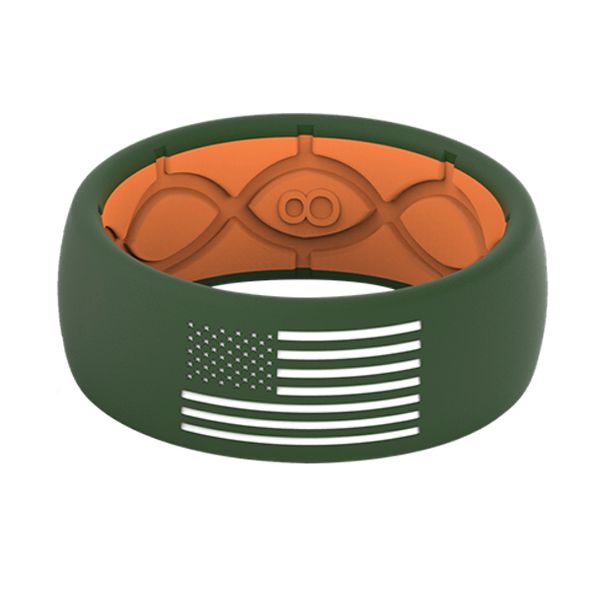 Green silicone ring with American flag design and orange interior.