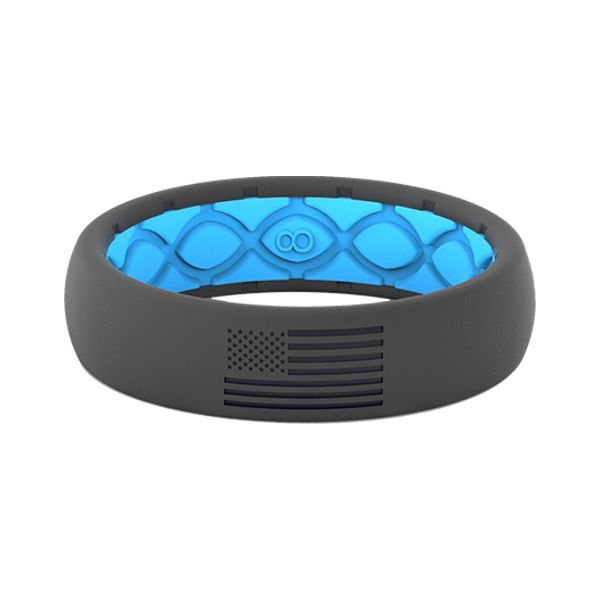 Gray silicone ring with blue interior and American flag design.