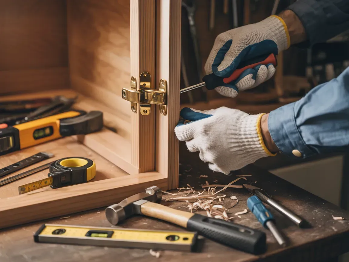 A person wearing gloves uses a screwdriver to install a brass hinge onto a wooden cabinet frame in a workshop.