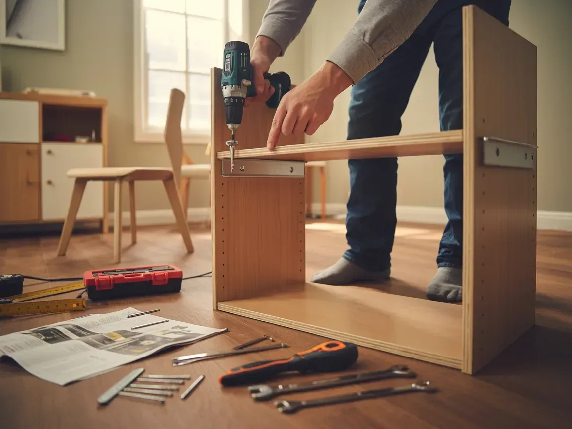 A person using a cordless drill to assemble a wooden shelf unit in a home setting.