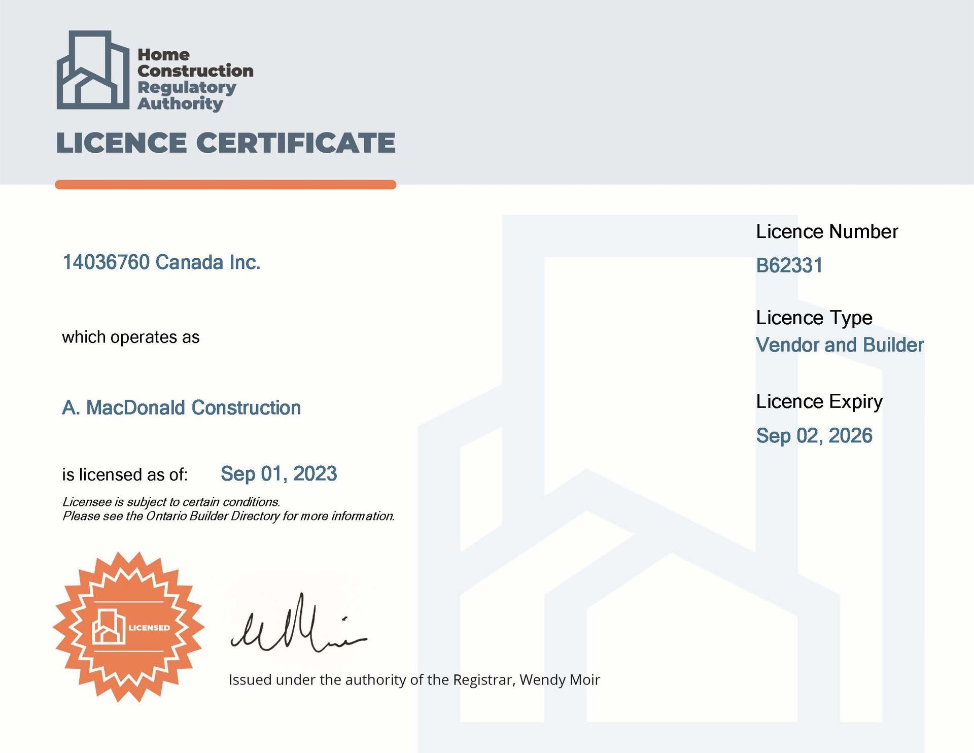 Alex MacDonald fully licensed Red Seal Carpenter as well as a Licensed HCRA and Tarion Member.