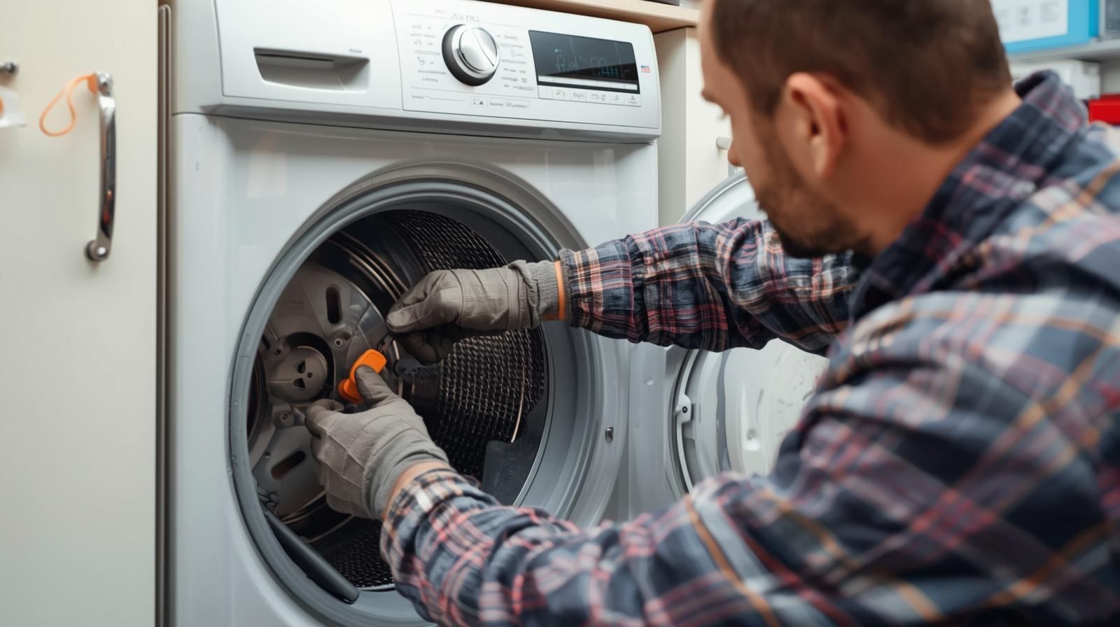 A technician in a plaid shirt wearing grey gloves repairs the interior of a front-loading washing machine.