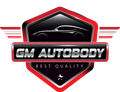 A logo for gm autobody best quality with a car on it.