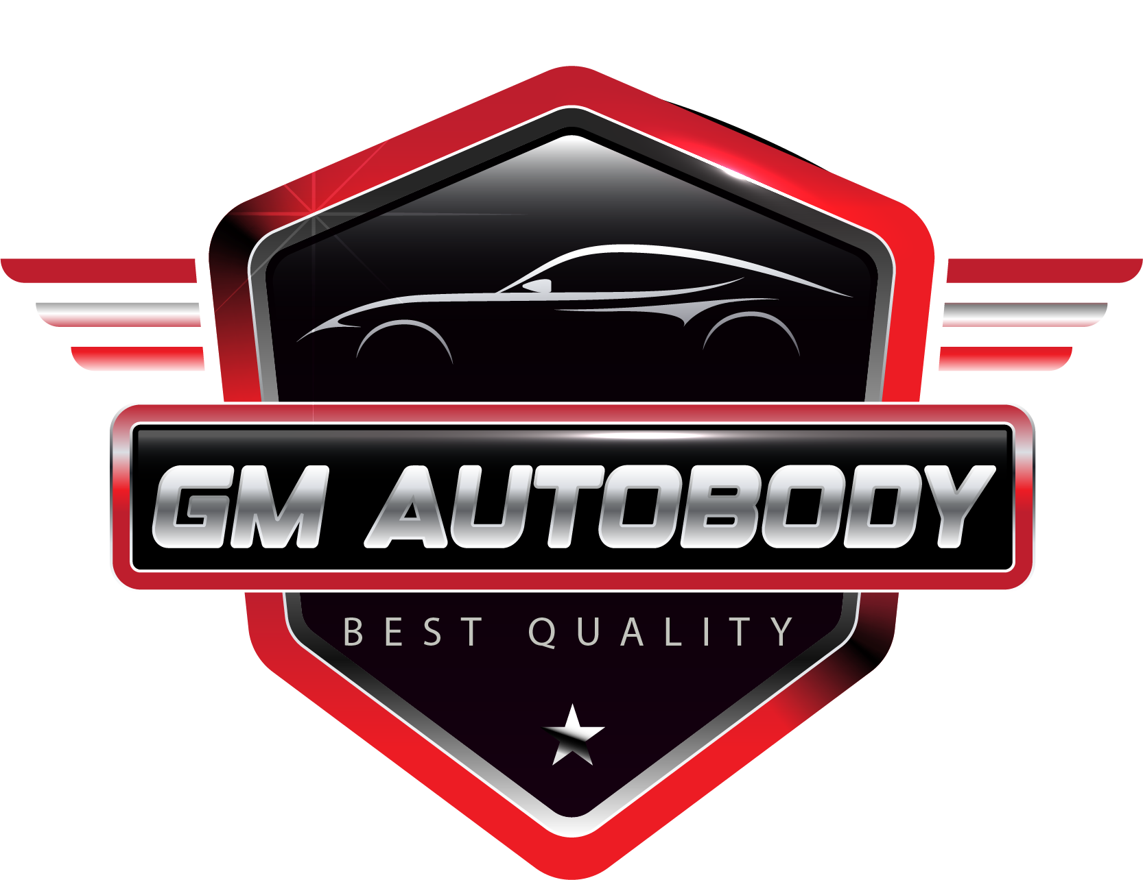 A logo for gm autobody best quality with a car on it.