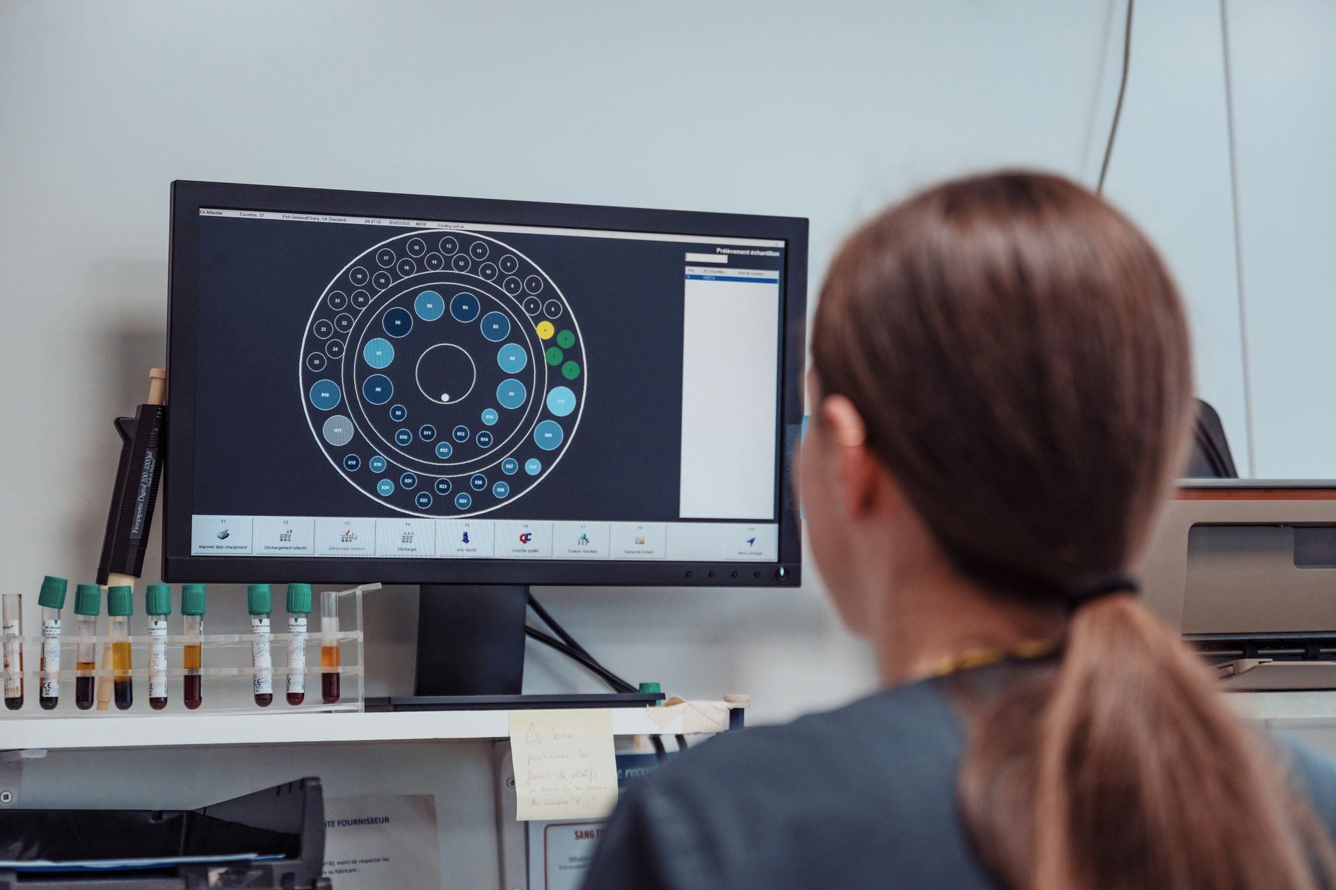Une personne regarde un écran d'ordinateur affichant un diagramme circulaire de résultats de laboratoire, avec des tubes à essai au premier plan.