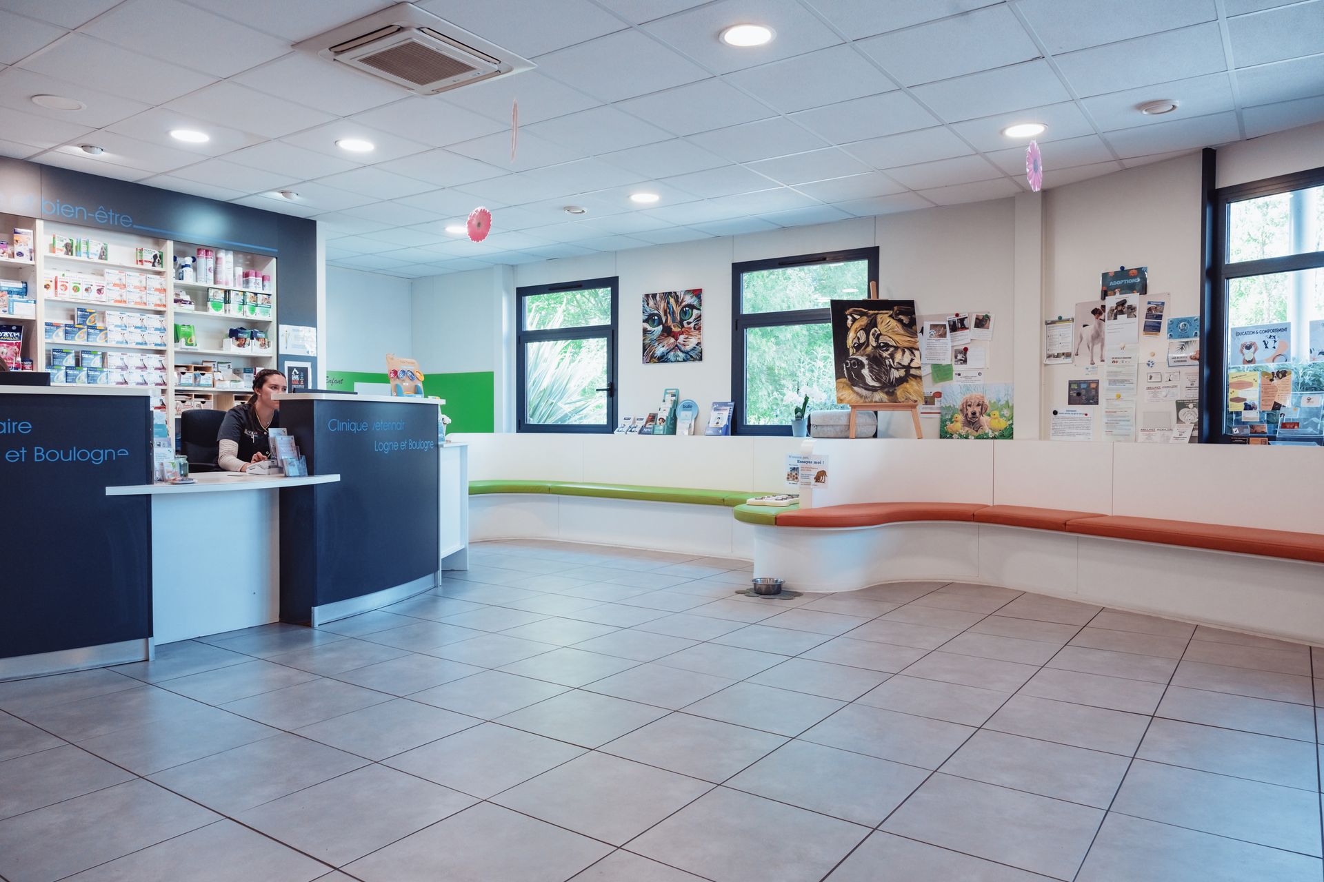 Espace d'accueil d'une clinique vétérinaire avec un membre du personnel au bureau, des sièges et des fenêtres.