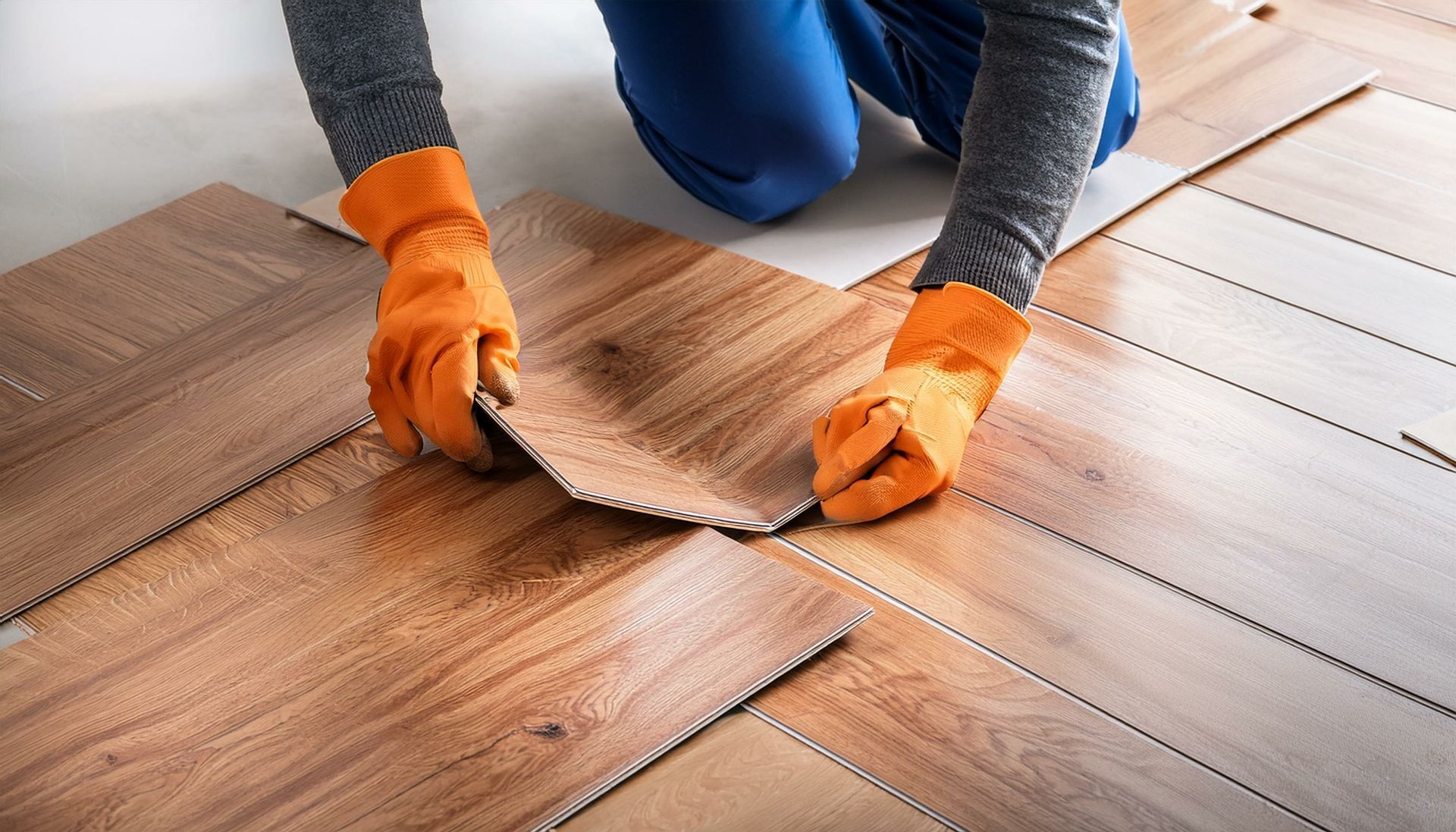 A person wearing orange gloves is installing a wooden floor.
