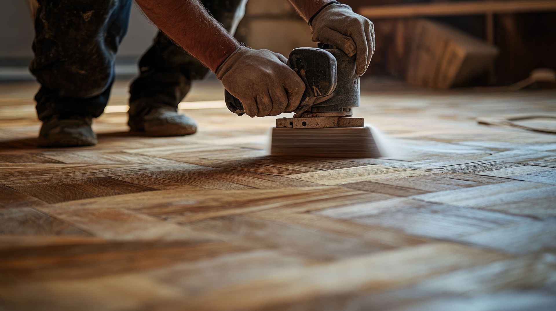 A man is sanding a wooden floor with a sander.