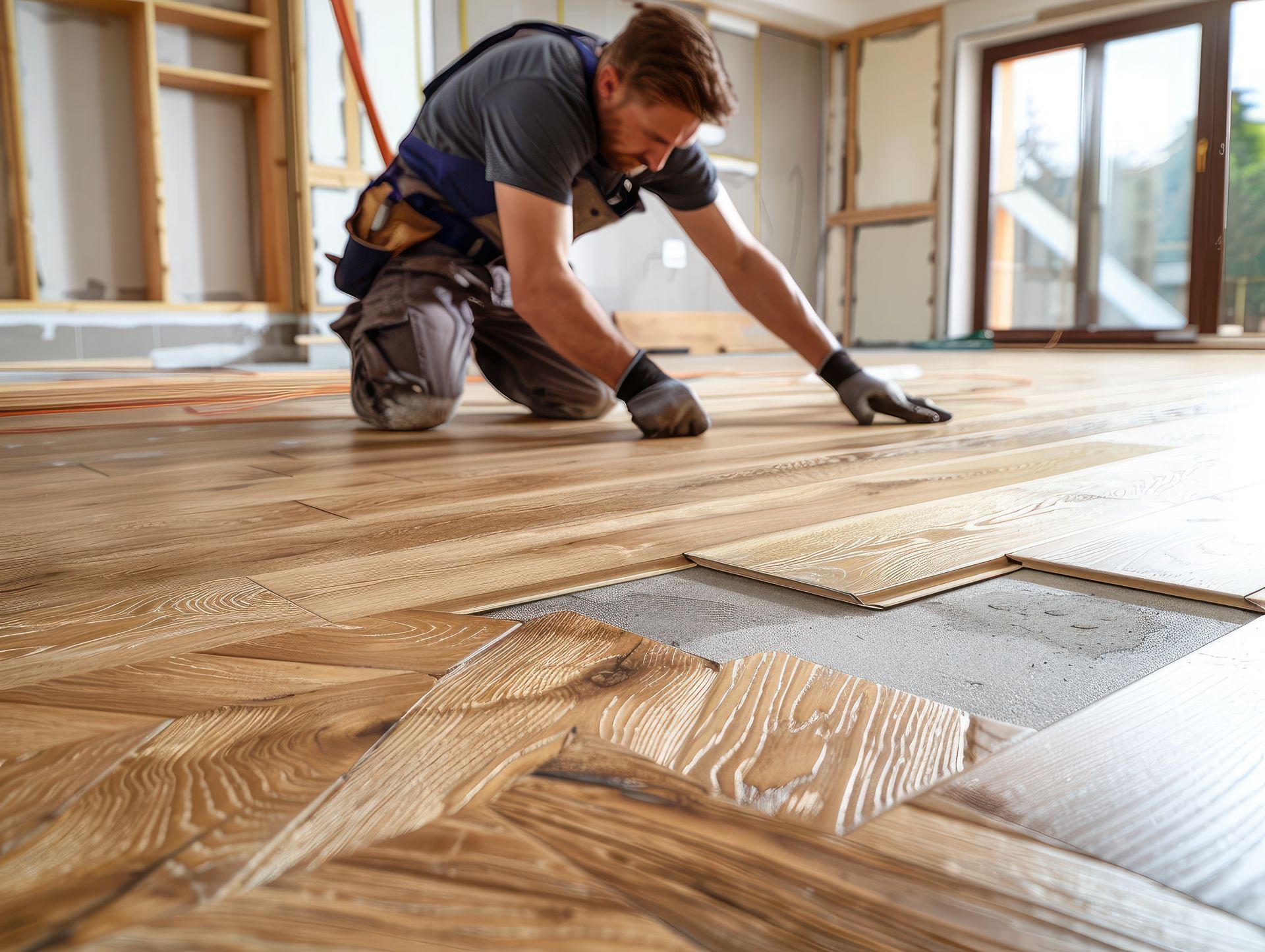 A man is installing a wooden floor in a room.