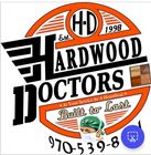 A logo for hardwood doctors shows a man wearing a mask