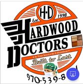 A logo for hardwood doctors shows a man wearing a mask