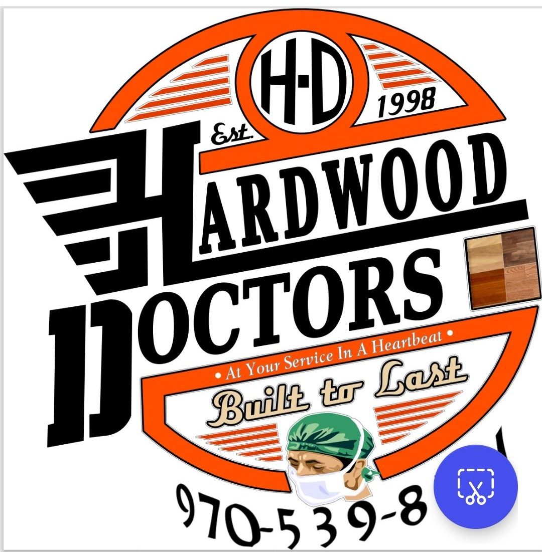 A logo for hardwood doctors shows a man wearing a mask