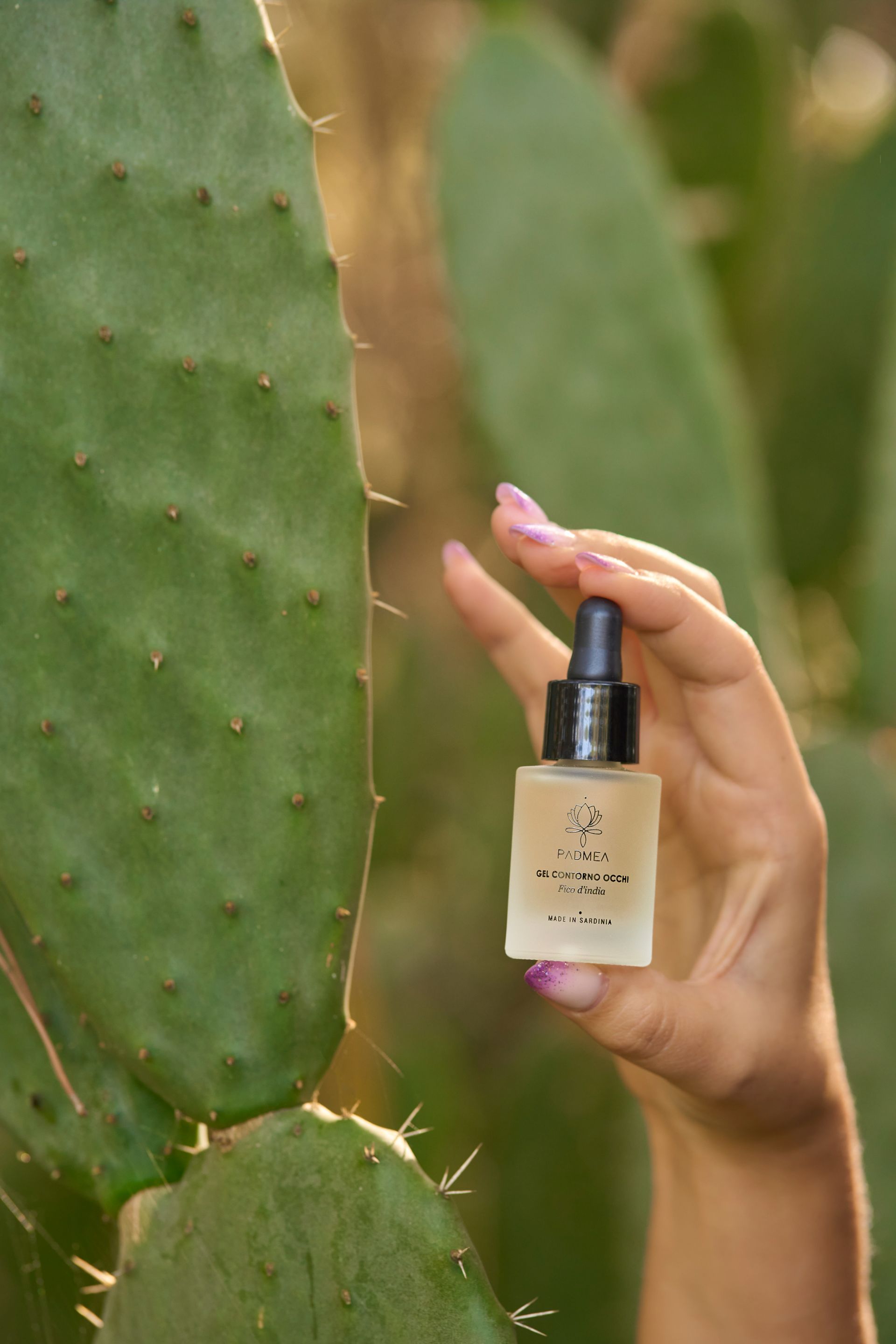 Una donna tiene in mano una bottiglia di lozione davanti a un cactus.