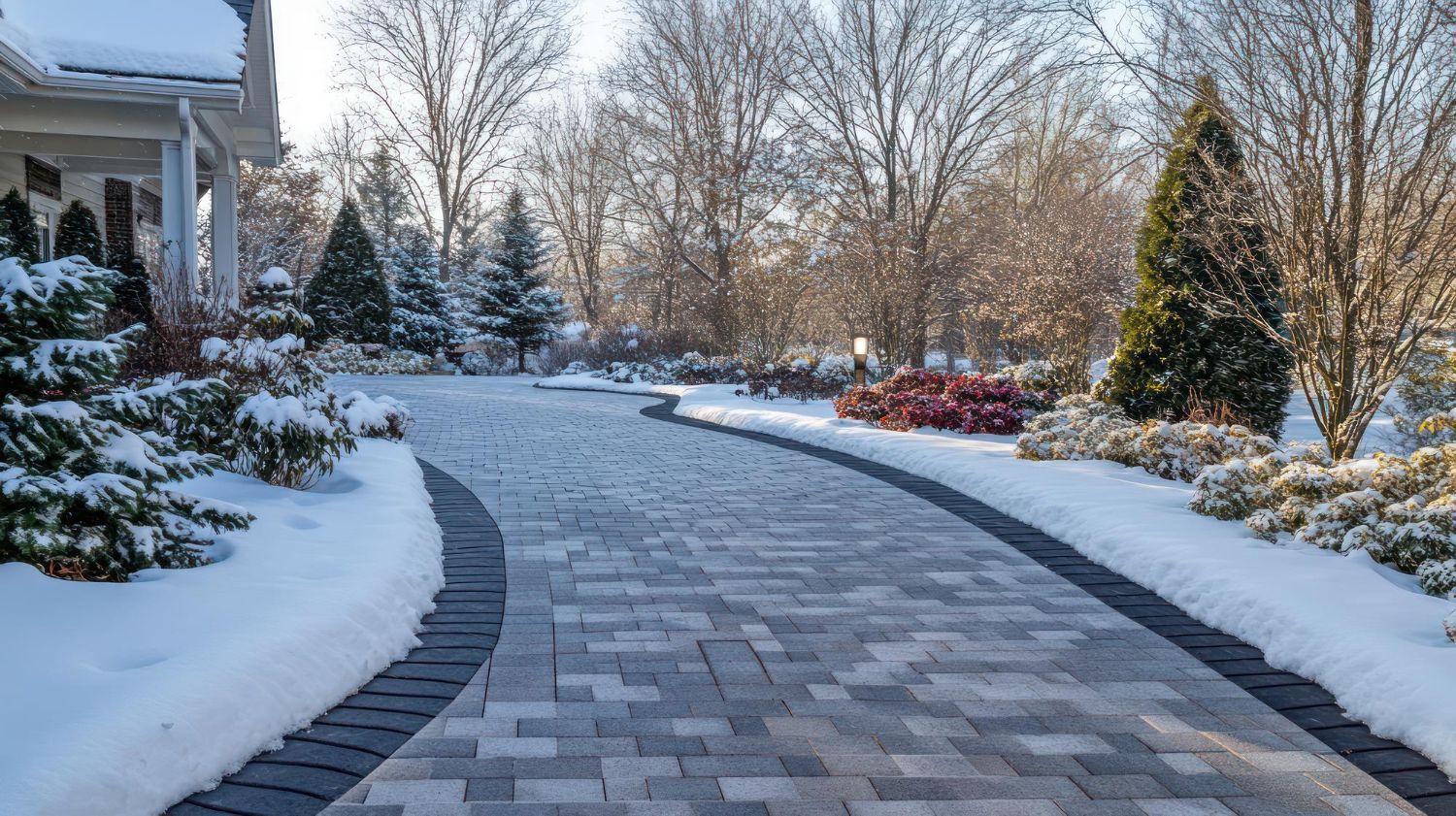 A snowy driveway leading to a house surrounded by trees and bushes.