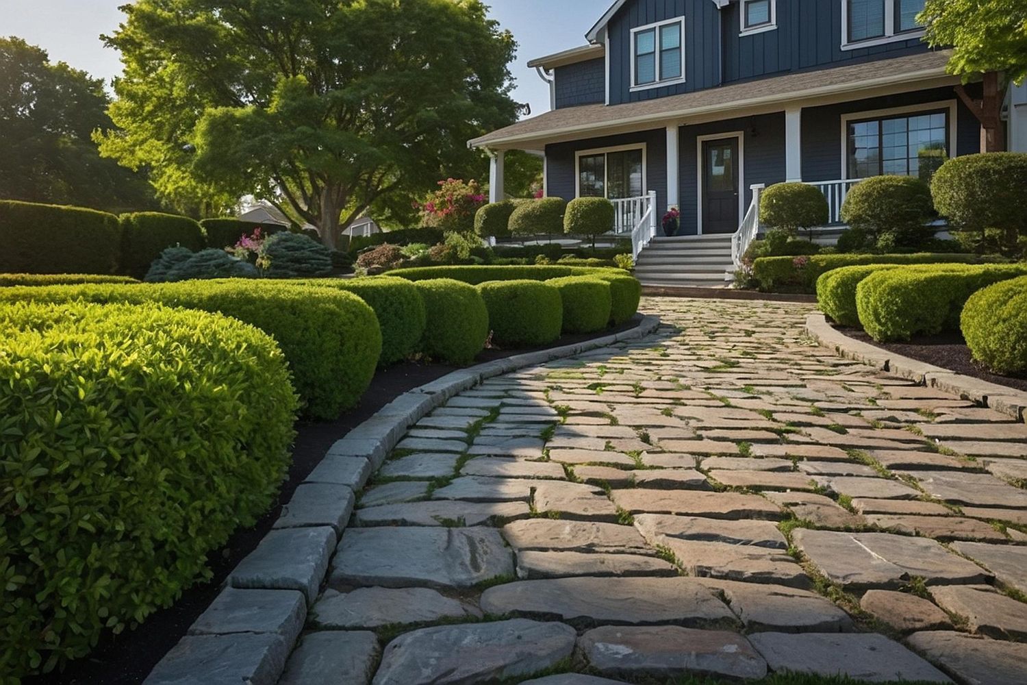 A cobblestone driveway leading to a blue house surrounded by bushes and trees.