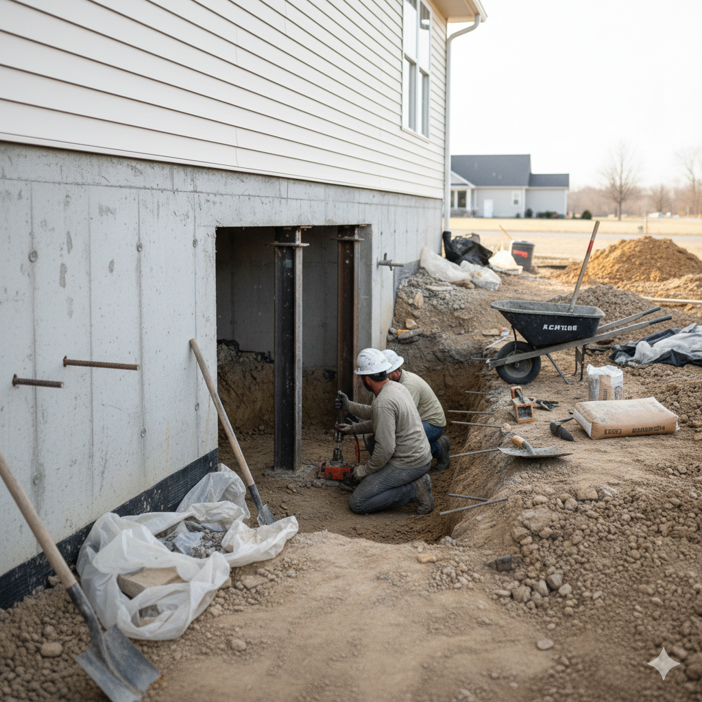 Two workers installing support beams in a foundation. They kneel in a trench, beside a house.
